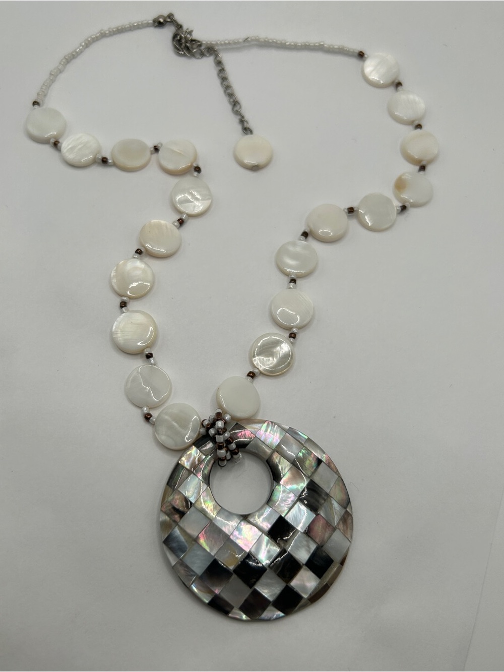 Mother of Pearl Checkerboard Pendant Necklace - White